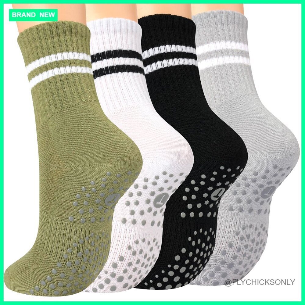 Non-Slip Pilates Yoga Socks with Grippers, 4 Pairs Crew Athletic Socks